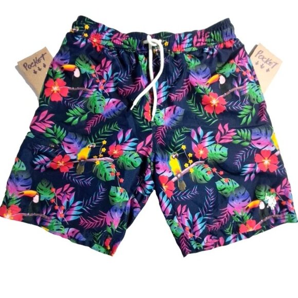 US Polo Assn Men's Tropical Blue Parrot Print Swim Trunks Elastic Waist Size S - Picture 6 of 10